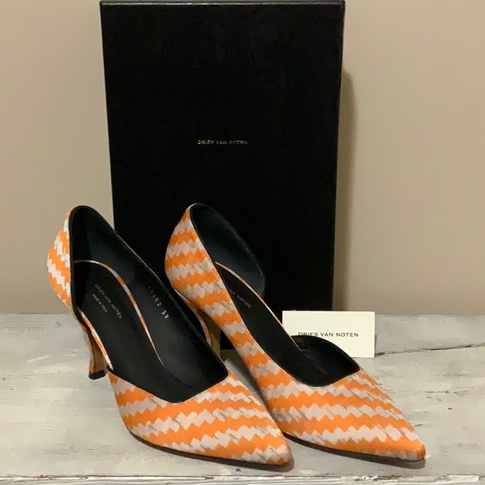 Dries Van Noten Orange and White Striped Fabric Stiletto Pumps (EU 39 / US 9)